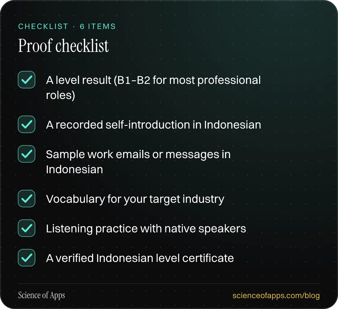 Checklist: Proof checklist — A level result (B1–B2 for most professional roles); A recorded self-introduction in Indonesian; Sample work emails or messages in Indonesian; Vocabulary for your target industry; Listening practice with native speakers; A verified Indonesian level certificate.