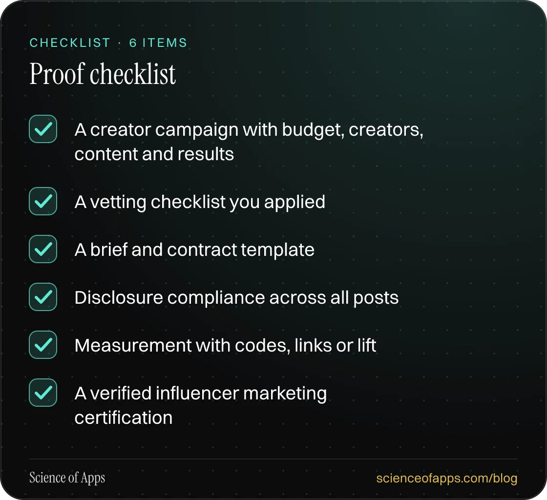 Checklist: Proof checklist — A creator campaign with budget, creators, content and results; A vetting checklist you applied; A brief and contract template; Disclosure compliance across all posts; Measurement with codes, links or lift; A verified influencer marketing certification.