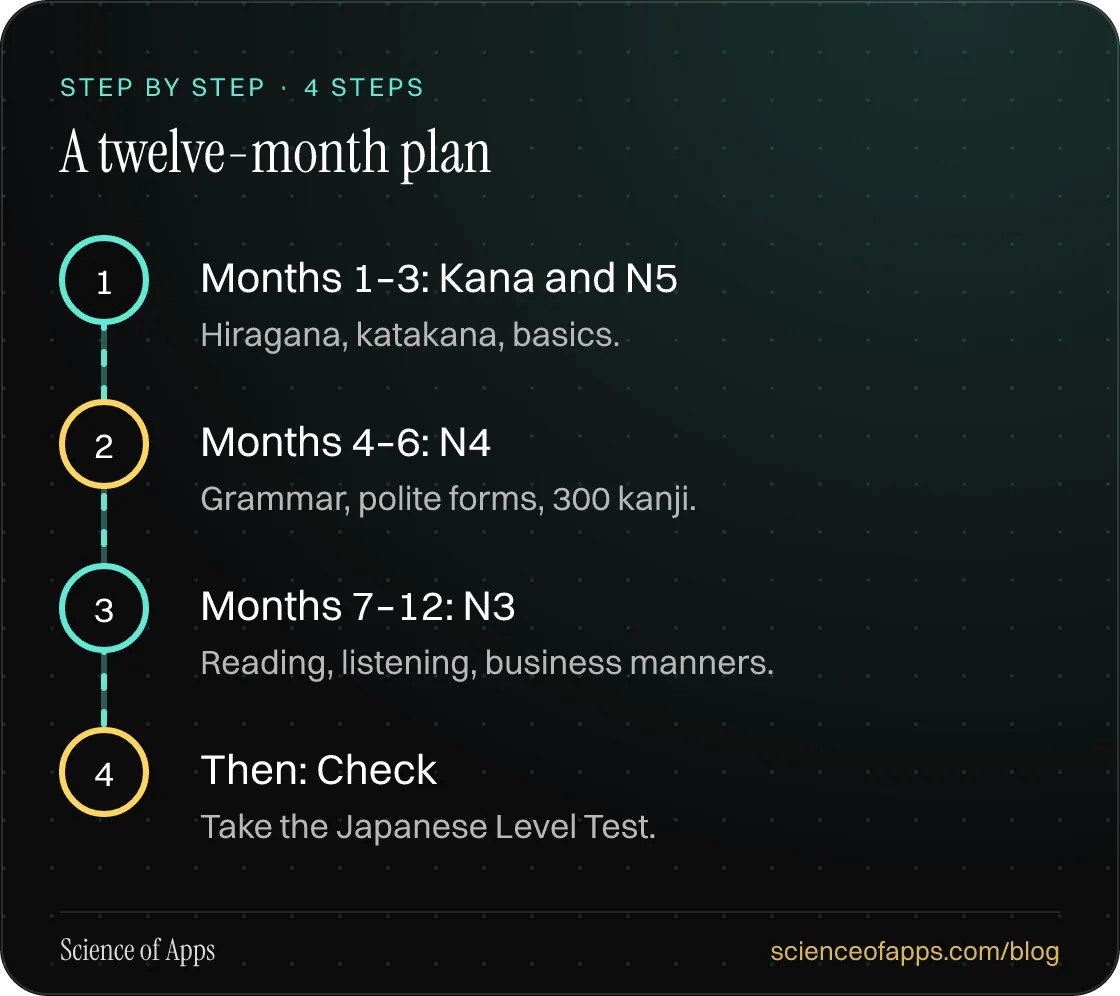 Diagram of 4 steps for a twelve-month plan: 1. Months 1–3: Kana and N5; 2. Months 4–6: N4; 3. Months 7–12: N3; 4. Then: Check.