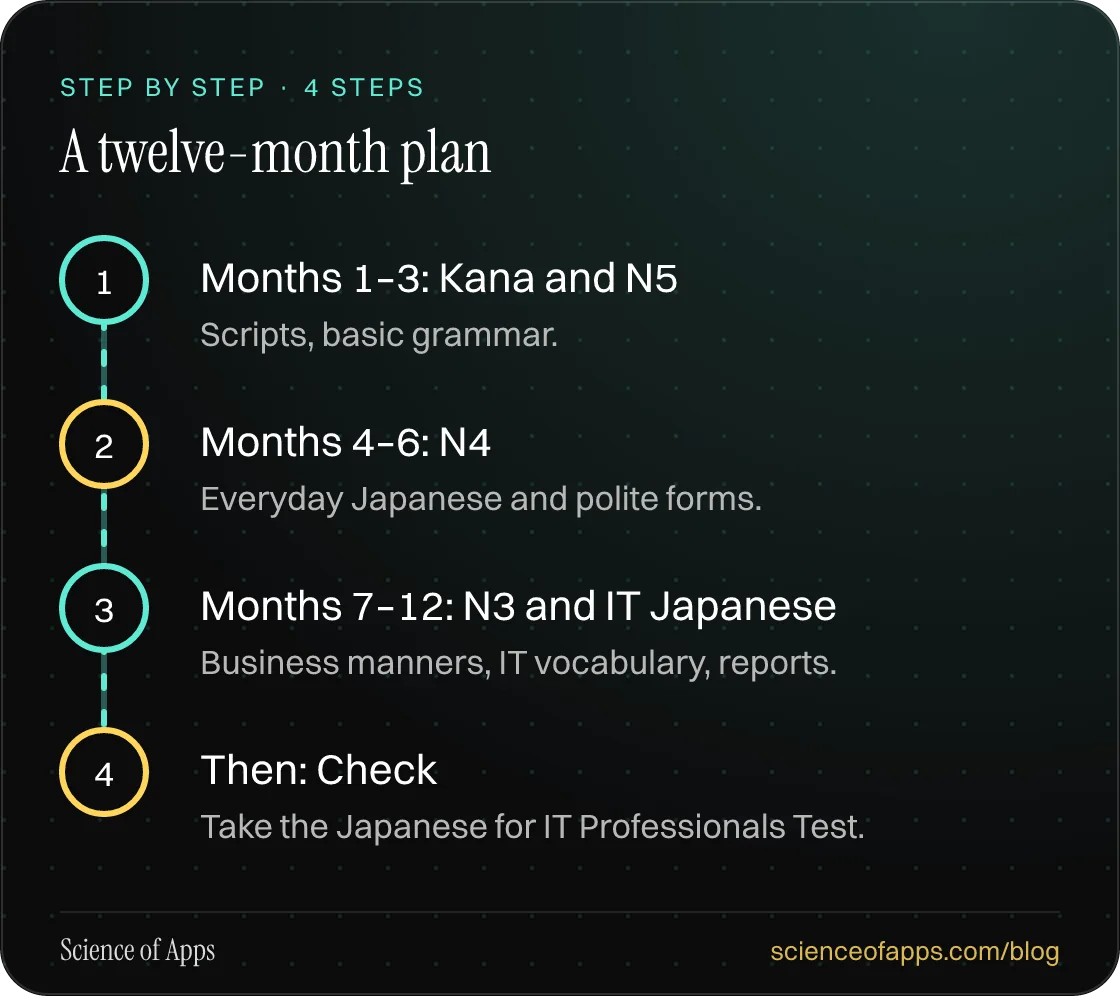 Diagram of 4 steps for a twelve-month plan: 1. Months 1–3: Kana and N5; 2. Months 4–6: N4; 3. Months 7–12: N3 and IT Japanese; 4. Then: Check.