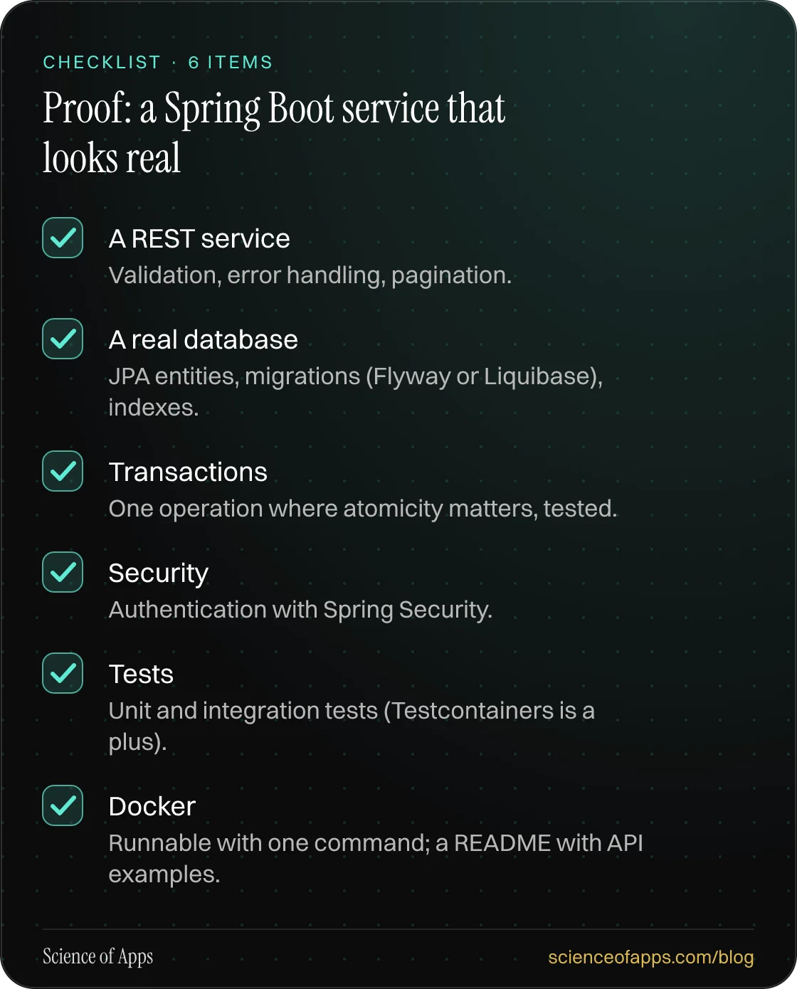 Checklist: Proof: a Spring Boot service that looks real — A REST service; A real database; Transactions; Security; Tests; Docker.