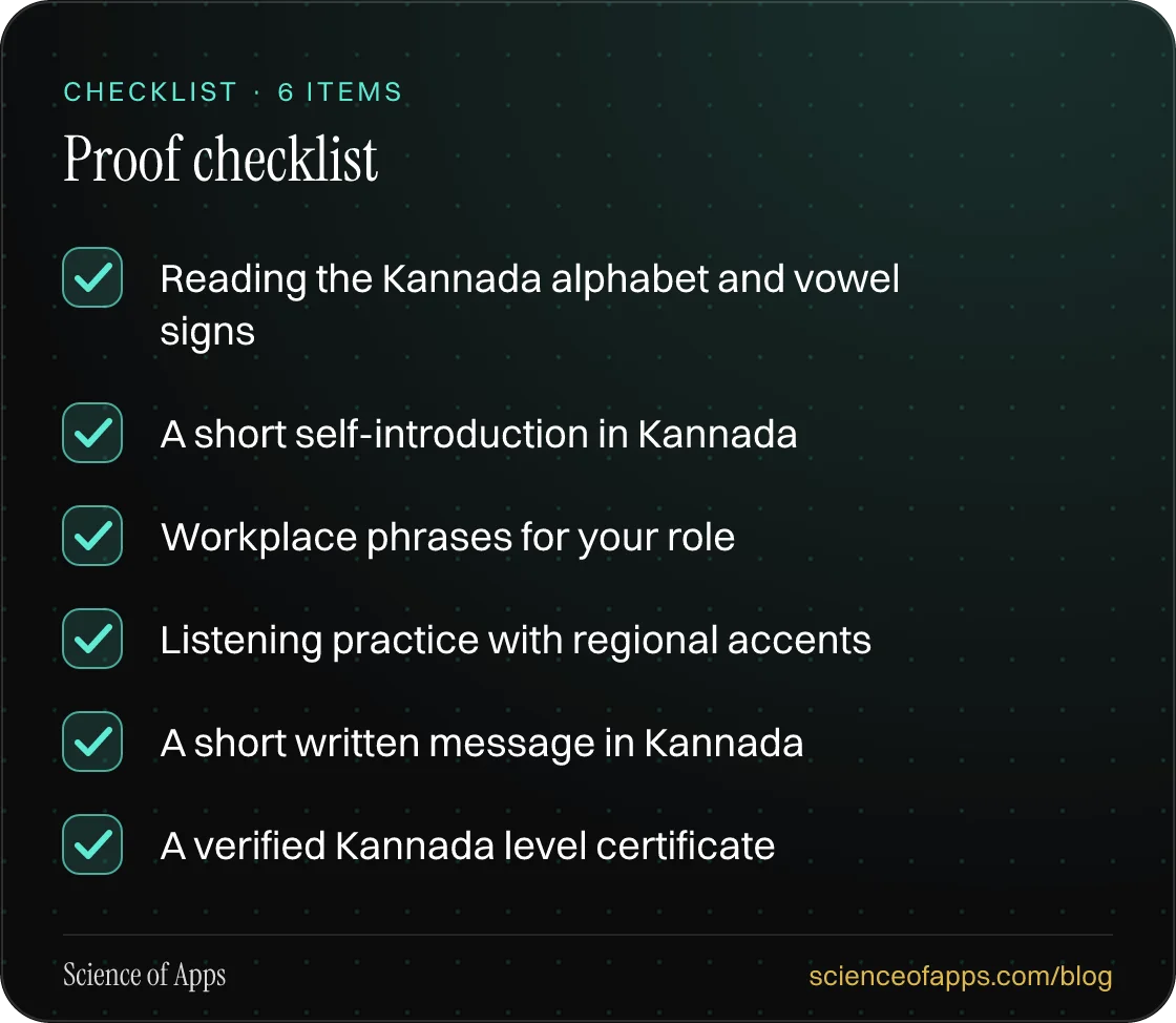 Checklist: Proof checklist — Reading the Kannada alphabet and vowel signs; A short self-introduction in Kannada; Workplace phrases for your role; Listening practice with regional accents; A short written message in Kannada; A verified Kannada level certificate.