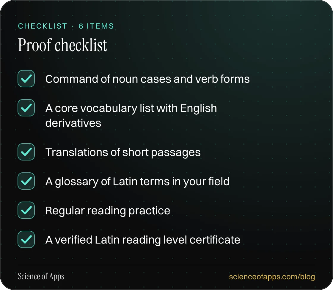 Checklist: Proof checklist — Command of noun cases and verb forms; A core vocabulary list with English derivatives; Translations of short passages; A glossary of Latin terms in your field; Regular reading practice; A verified Latin reading level certificate.