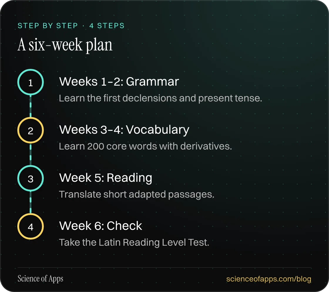 Diagram of 4 steps for a six-week plan: 1. Weeks 1–2: Grammar; 2. Weeks 3–4: Vocabulary; 3. Week 5: Reading; 4. Week 6: Check.