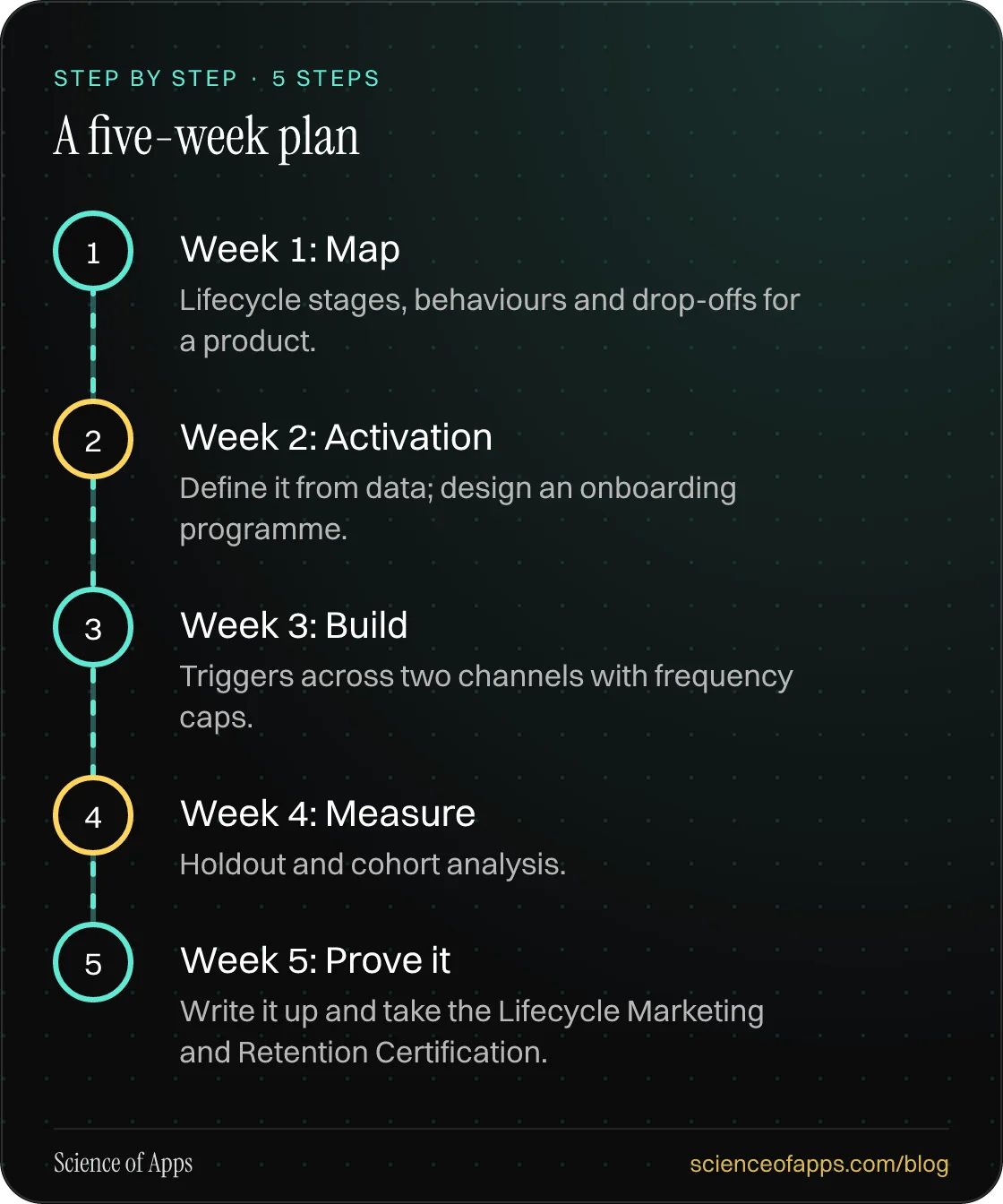 Diagram of 5 steps for a five-week plan: 1. Week 1: Map; 2. Week 2: Activation; 3. Week 3: Build; 4. Week 4: Measure; 5. Week 5: Prove it.
