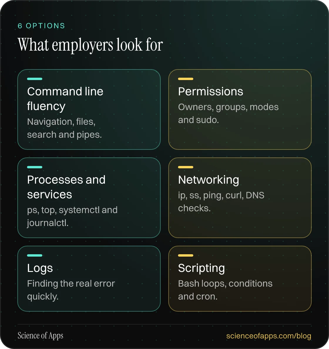 What employers look for: Command line fluency; Permissions; Processes and services; Networking; Logs; Scripting.