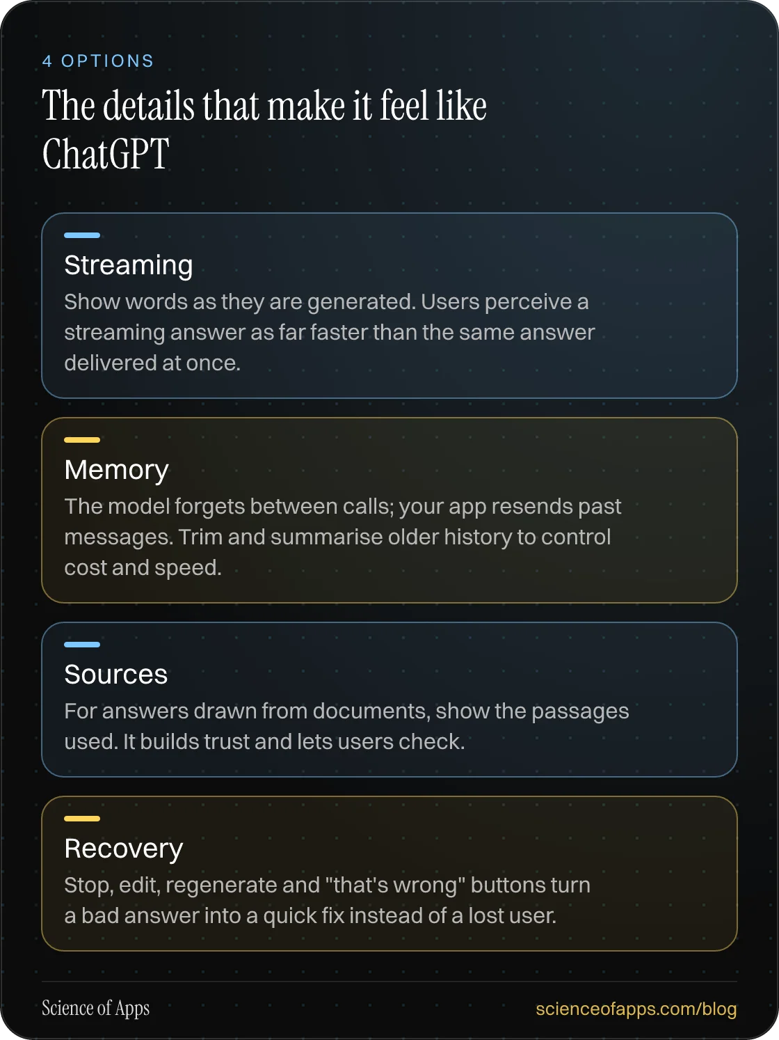 The details that make it feel like ChatGPT: Streaming; Memory; Sources; Recovery.
