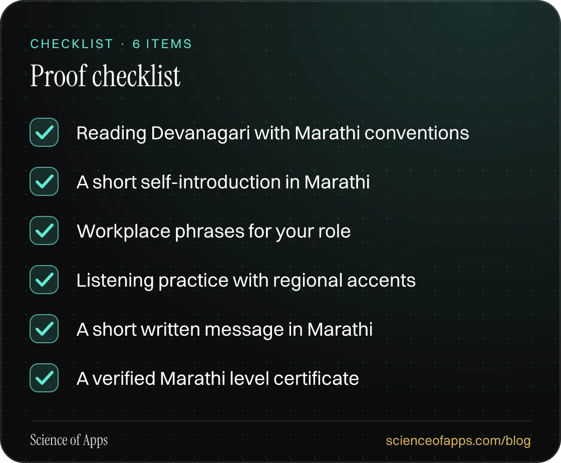 Checklist: Proof checklist — Reading Devanagari with Marathi conventions; A short self-introduction in Marathi; Workplace phrases for your role; Listening practice with regional accents; A short written message in Marathi; A verified Marathi level certificate.