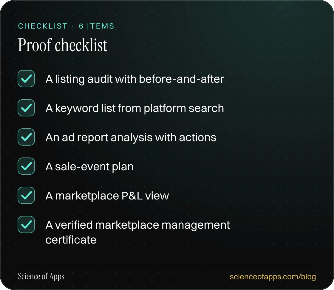 Checklist: Proof checklist — A listing audit with before-and-after; A keyword list from platform search; An ad report analysis with actions; A sale-event plan; A marketplace P&L view; A verified marketplace management certificate.