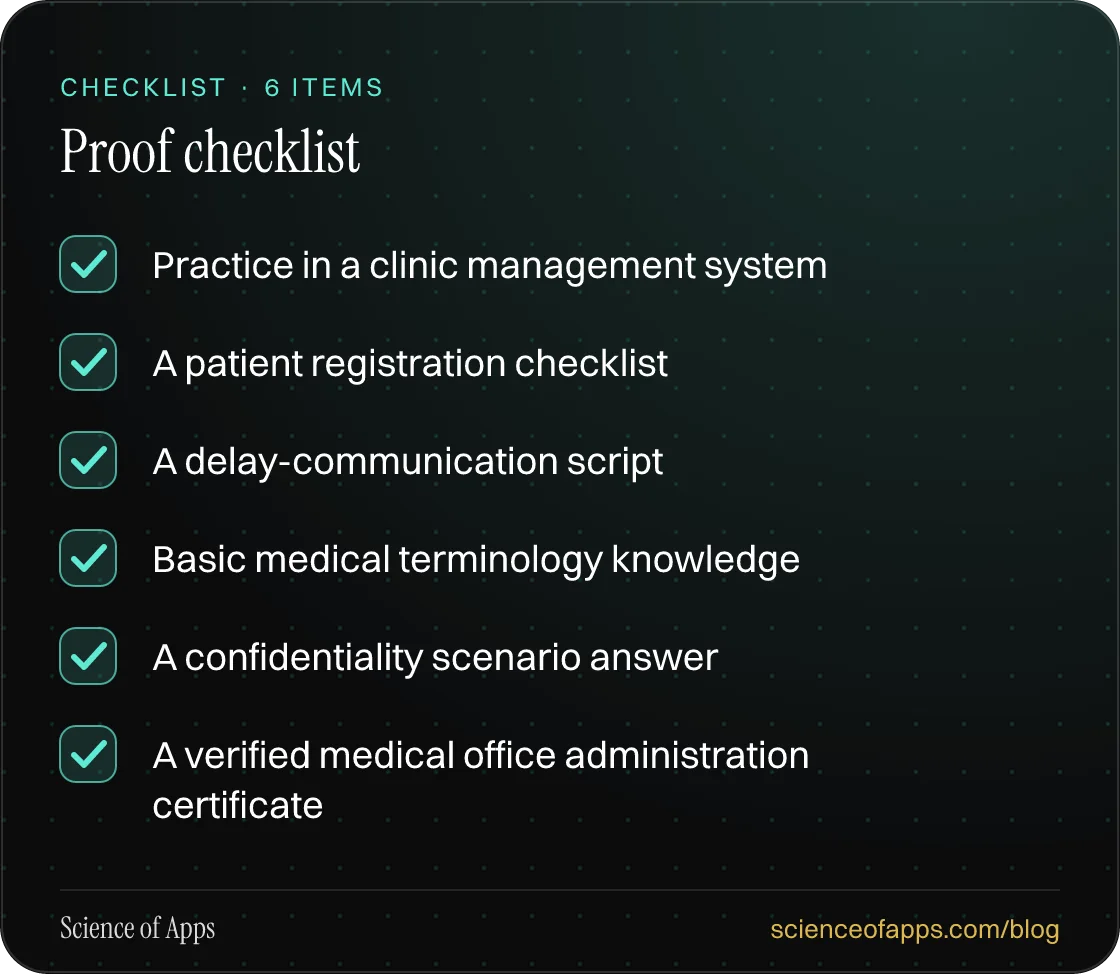 Checklist: Proof checklist — Practice in a clinic management system; A patient registration checklist; A delay-communication script; Basic medical terminology knowledge; A confidentiality scenario answer; A verified medical office administration certificate.