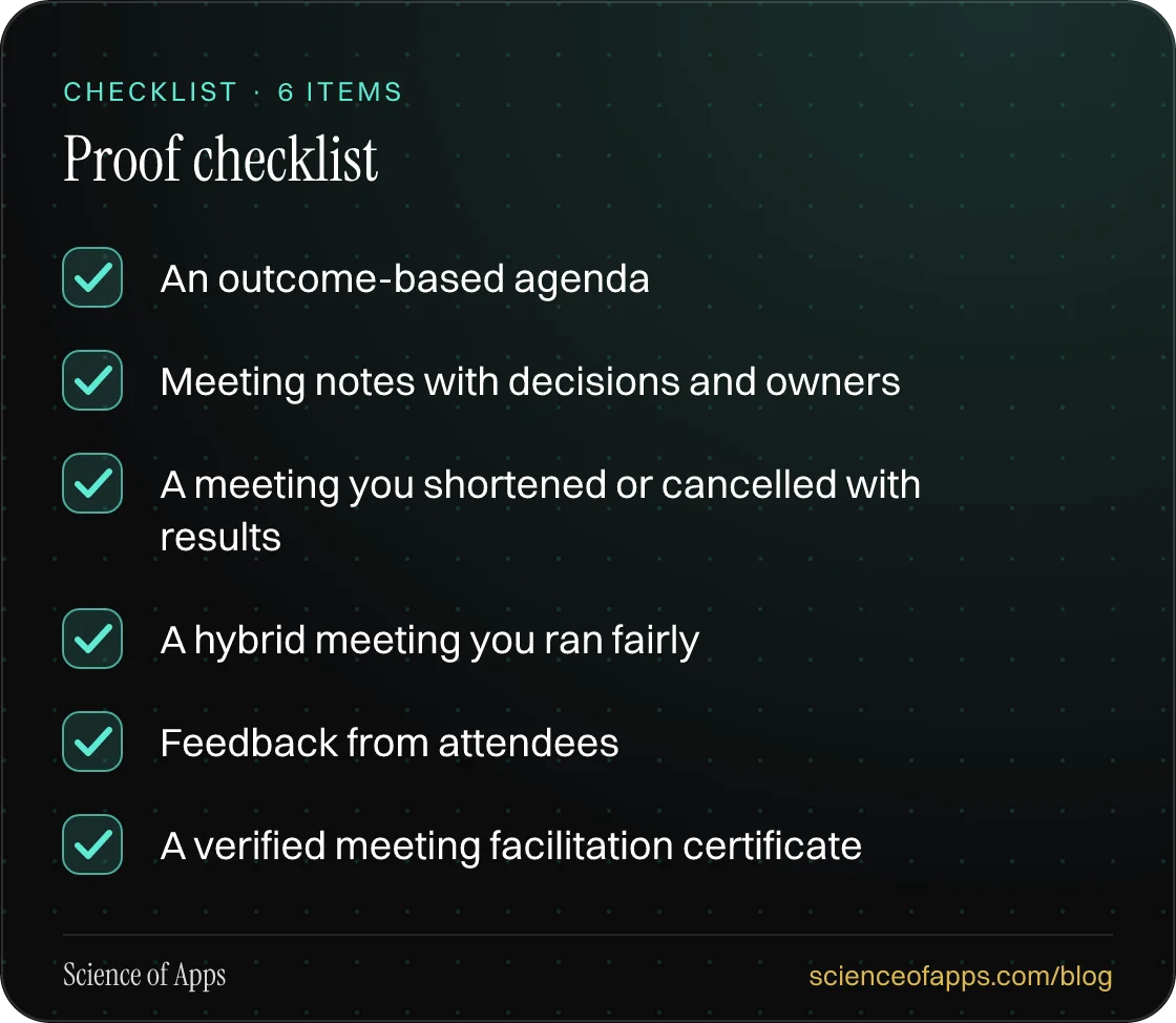 Checklist: Proof checklist — An outcome-based agenda; Meeting notes with decisions and owners; A meeting you shortened or cancelled with results; A hybrid meeting you ran fairly; Feedback from attendees; A verified meeting facilitation certificate.