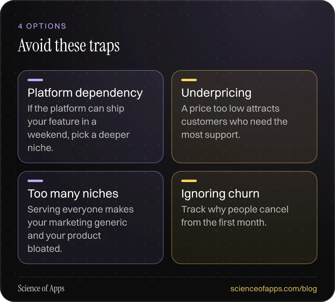 Avoid these traps: Platform dependency; Underpricing; Too many niches; Ignoring churn.