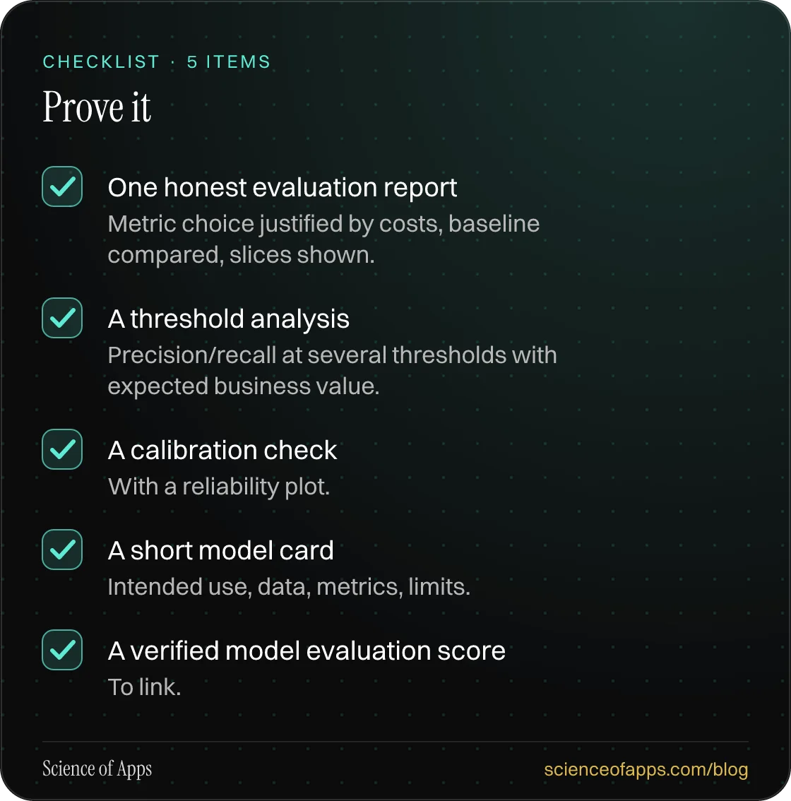 Checklist: Prove it — One honest evaluation report; A threshold analysis; A calibration check; A short model card; A verified model evaluation score.