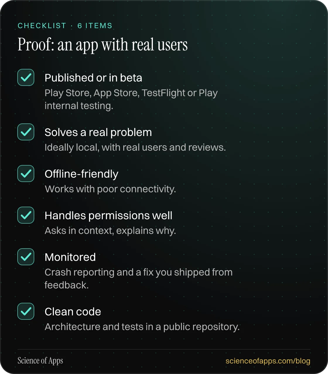 Checklist: Proof: an app with real users — Published or in beta; Solves a real problem; Offline-friendly; Handles permissions well; Monitored; Clean code.