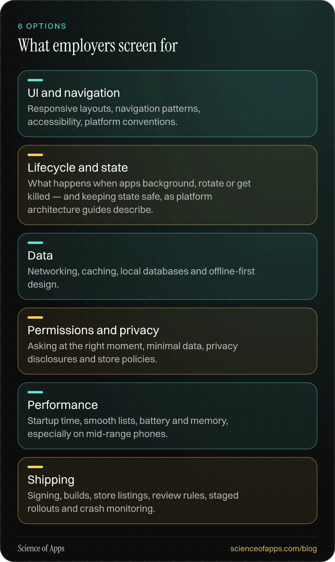 What employers screen for: UI and navigation; Lifecycle and state; Data; Permissions and privacy; Performance; Shipping.