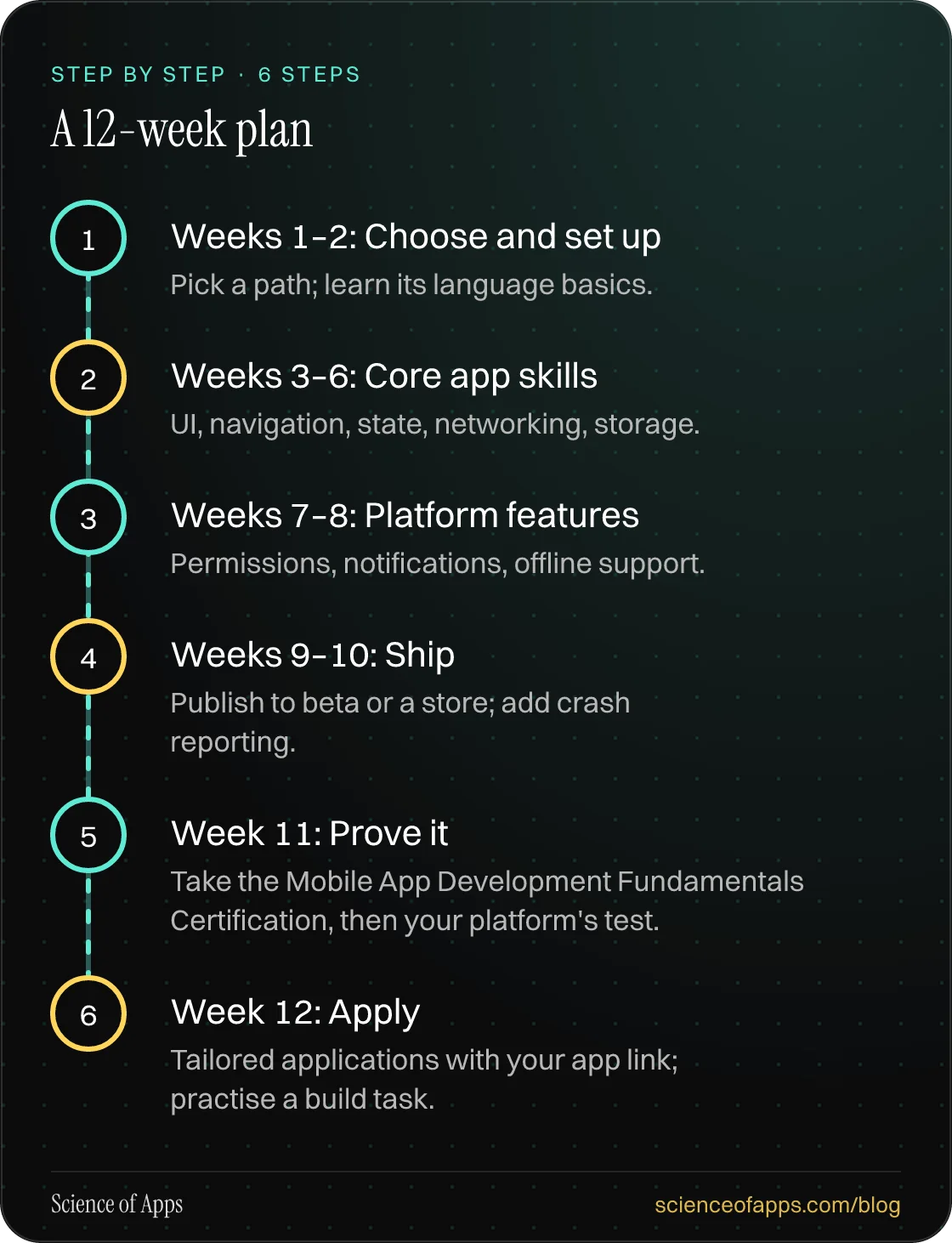 Diagram of 6 steps for a 12-week plan: 1. Weeks 1–2: Choose and set up; 2. Weeks 3–6: Core app skills; 3. Weeks 7–8: Platform features; 4. Weeks 9–10: Ship; 5. Week 11: Prove it; 6. Week 12: Apply.