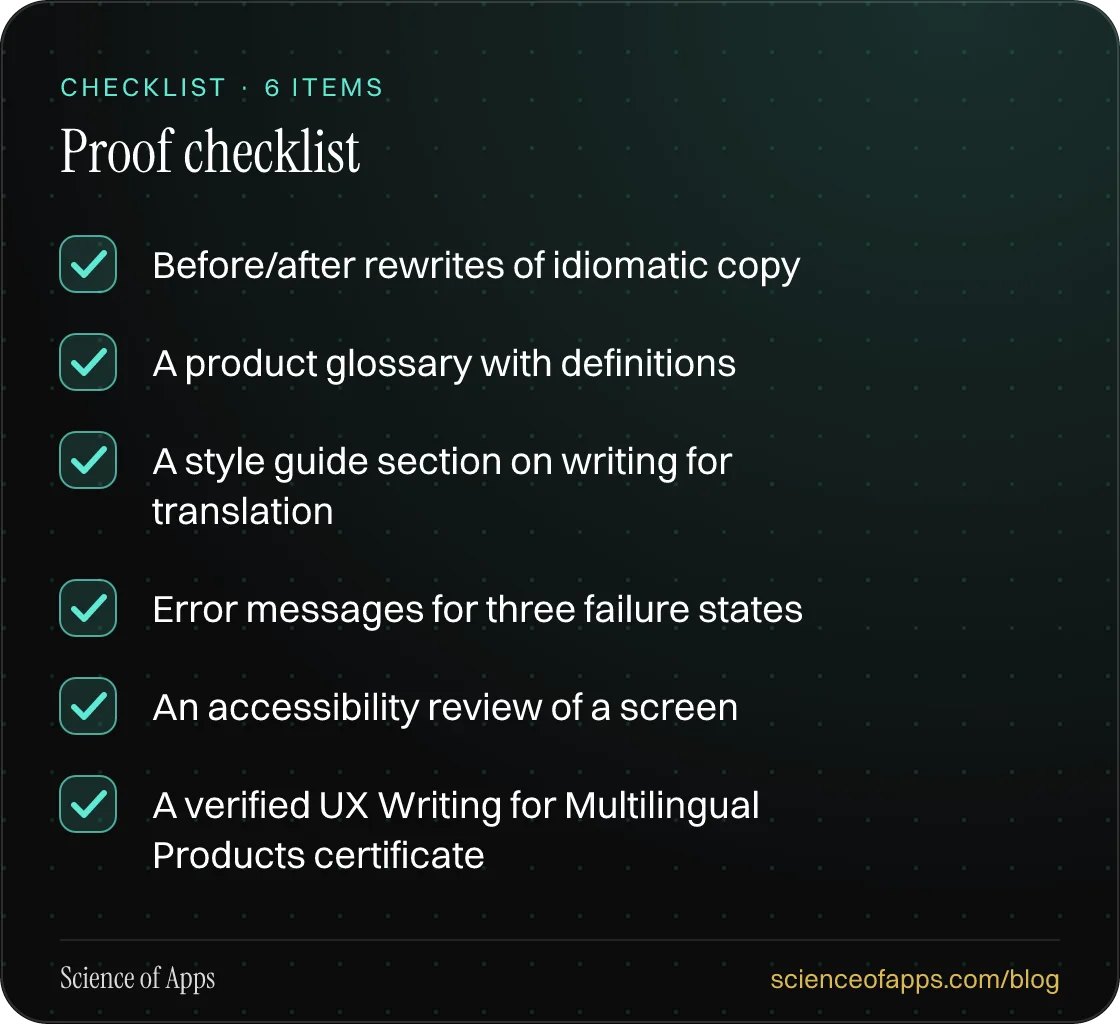 Checklist: Proof checklist — Before/after rewrites of idiomatic copy; A product glossary with definitions; A style guide section on writing for translation; Error messages for three failure states; An accessibility review of a screen; A verified UX Writing for Multilingual Products certificate.
