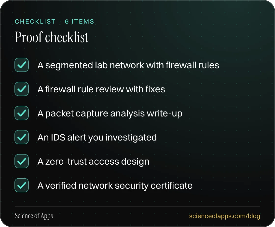 Checklist: Proof checklist — A segmented lab network with firewall rules; A firewall rule review with fixes; A packet capture analysis write-up; An IDS alert you investigated; A zero-trust access design; A verified network security certificate.