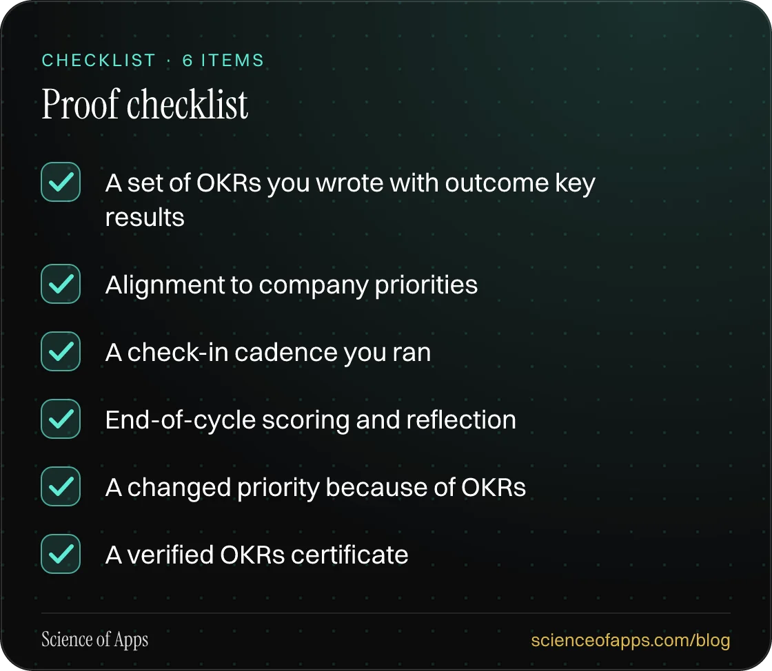 Checklist: Proof checklist — A set of OKRs you wrote with outcome key results; Alignment to company priorities; A check-in cadence you ran; End-of-cycle scoring and reflection; A changed priority because of OKRs; A verified OKRs certificate.