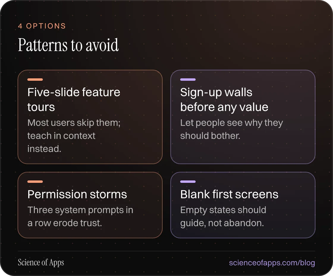 Patterns to avoid: Five-slide feature tours; Sign-up walls before any value; Permission storms; Blank first screens.
