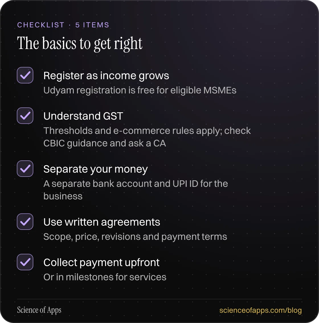 Checklist: The basics to get right — Register as income grows; Understand GST; Separate your money; Use written agreements; Collect payment upfront.