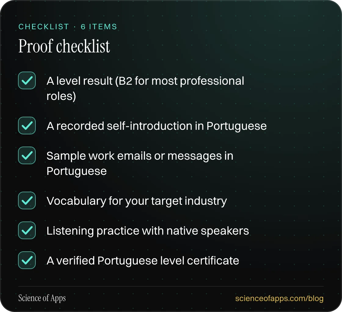 Checklist: Proof checklist — A level result (B2 for most professional roles); A recorded self-introduction in Portuguese; Sample work emails or messages in Portuguese; Vocabulary for your target industry; Listening practice with native speakers; A verified Portuguese level certificate.