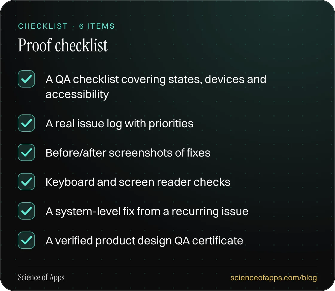 Checklist: Proof checklist — A QA checklist covering states, devices and accessibility; A real issue log with priorities; Before/after screenshots of fixes; Keyboard and screen reader checks; A system-level fix from a recurring issue; A verified product design QA certificate.