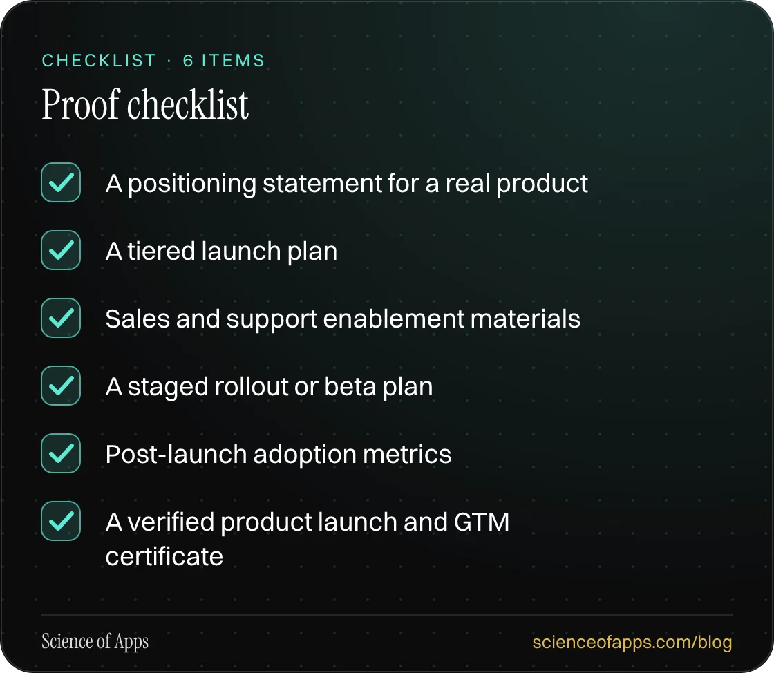 Checklist: Proof checklist — A positioning statement for a real product; A tiered launch plan; Sales and support enablement materials; A staged rollout or beta plan; Post-launch adoption metrics; A verified product launch and GTM certificate.
