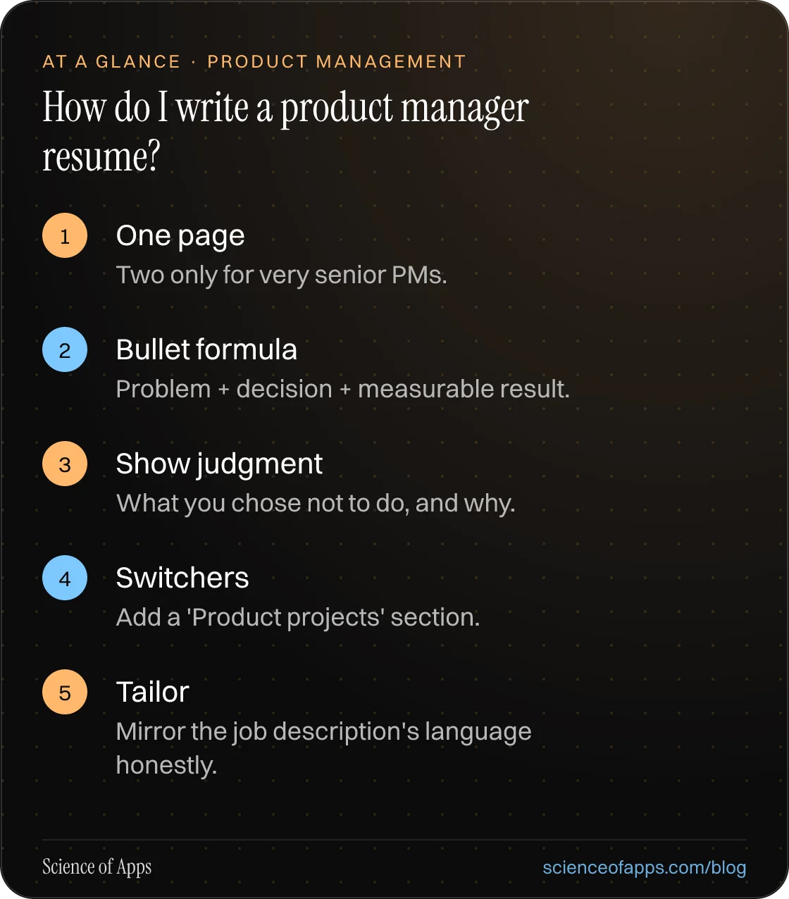 How do I write a product manager resume? At a glance: One page; Bullet formula; Show judgment; Switchers; Tailor.