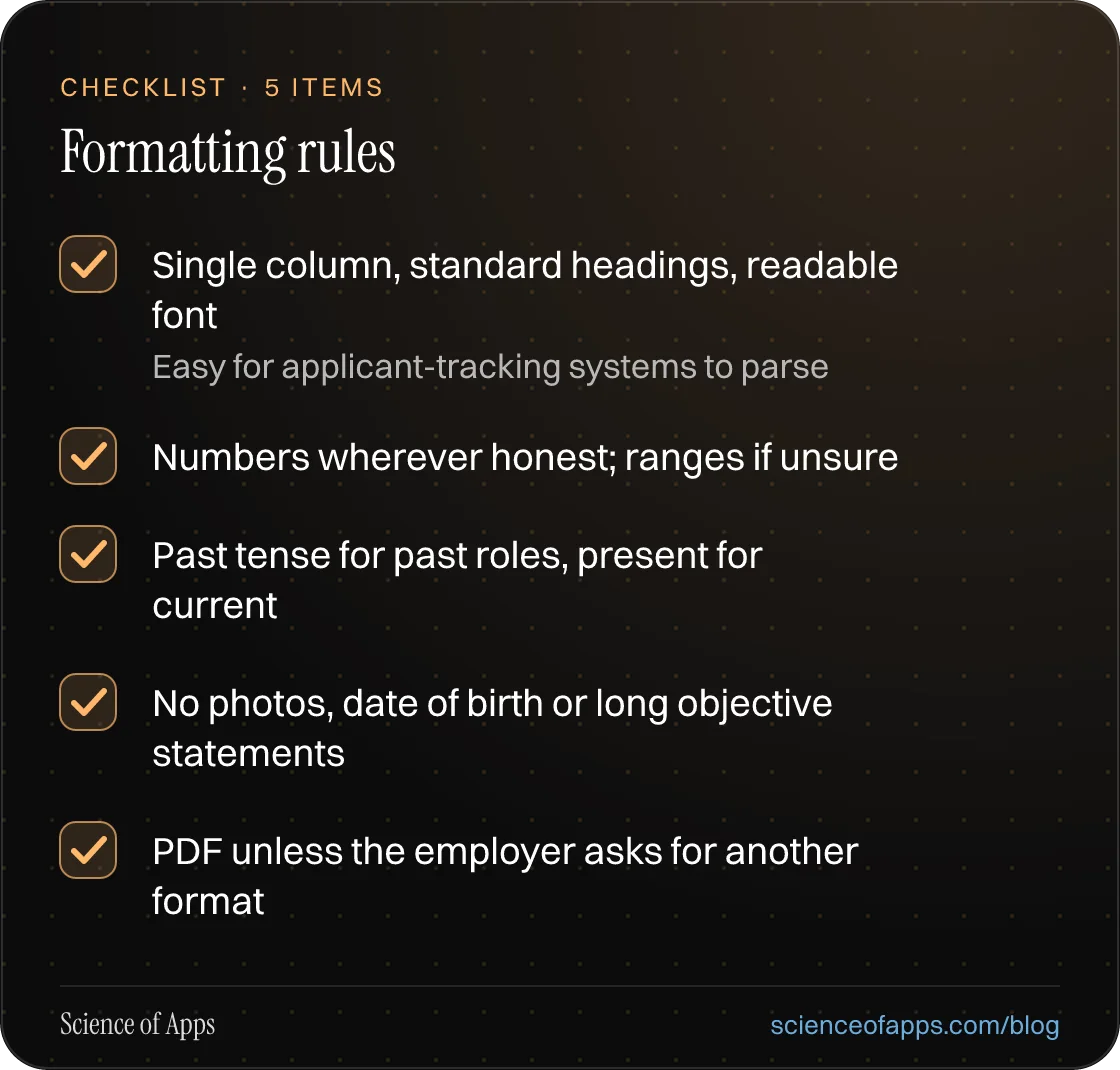 Checklist: Formatting rules — Single column, standard headings, readable font; Numbers wherever honest; ranges if unsure; Past tense for past roles, present for current; No photos, date of birth or long objective statements; PDF unless the employer asks for another format.