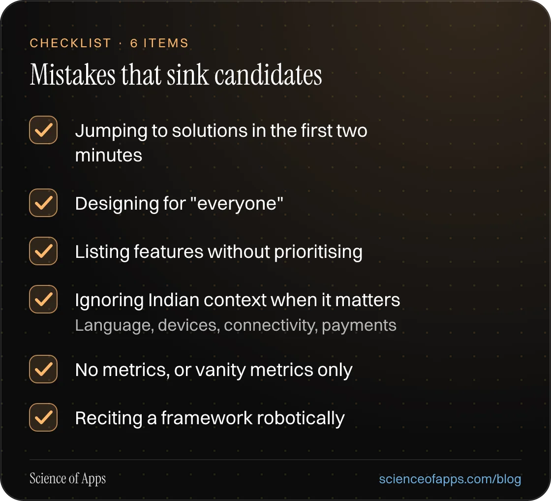Checklist: Mistakes that sink candidates — Jumping to solutions in the first two minutes; Designing for "everyone"; Listing features without prioritising; Ignoring Indian context when it matters; No metrics, or vanity metrics only; Reciting a framework robotically.