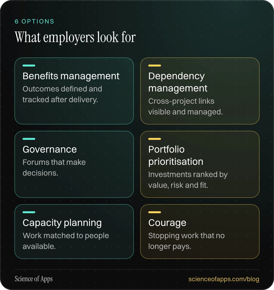 What employers look for: Benefits management; Dependency management; Governance; Portfolio prioritisation; Capacity planning; Courage.