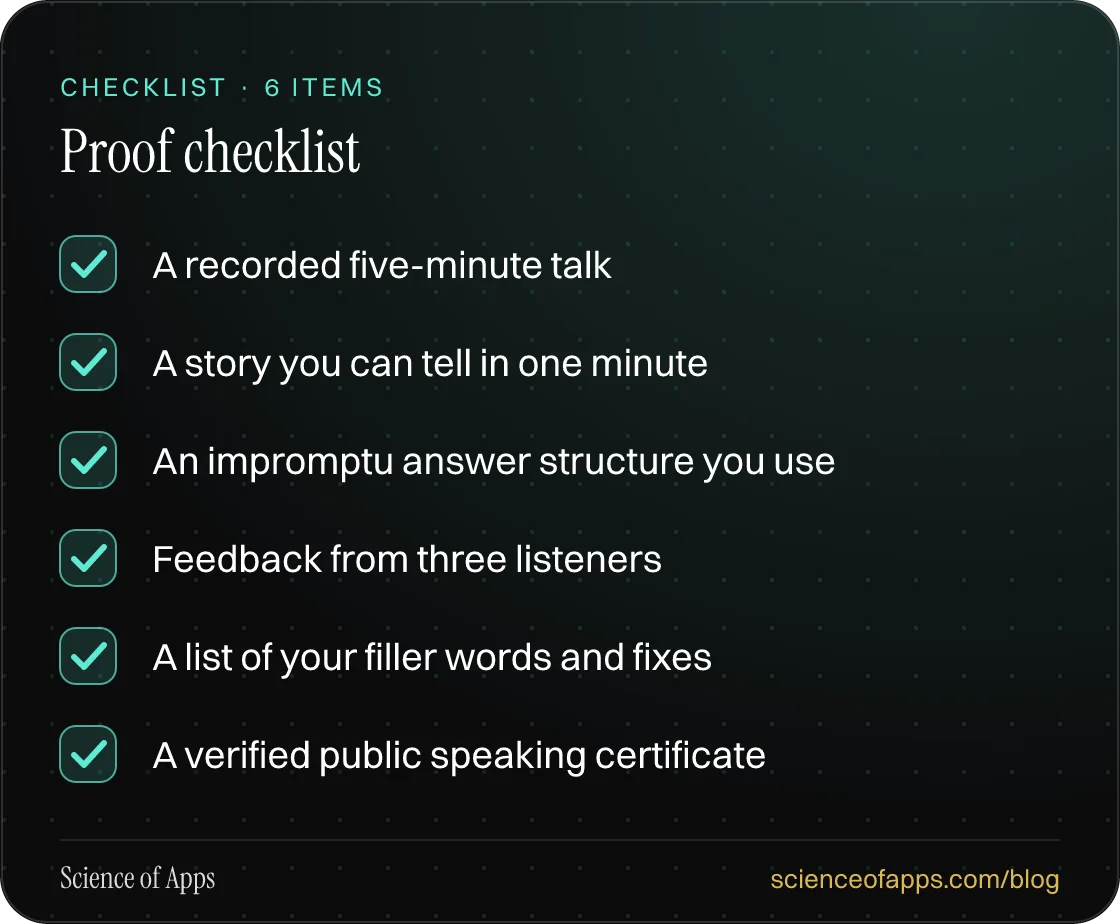 Checklist: Proof checklist — A recorded five-minute talk; A story you can tell in one minute; An impromptu answer structure you use; Feedback from three listeners; A list of your filler words and fixes; A verified public speaking certificate.