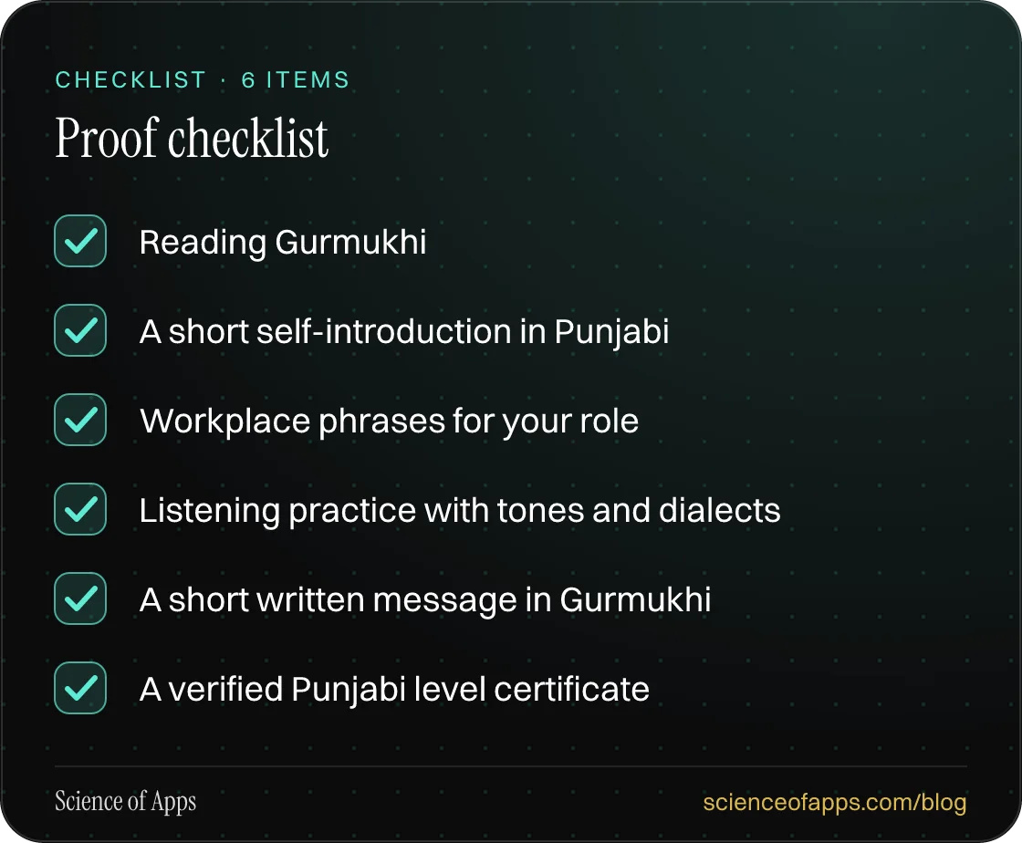 Checklist: Proof checklist — Reading Gurmukhi; A short self-introduction in Punjabi; Workplace phrases for your role; Listening practice with tones and dialects; A short written message in Gurmukhi; A verified Punjabi level certificate.