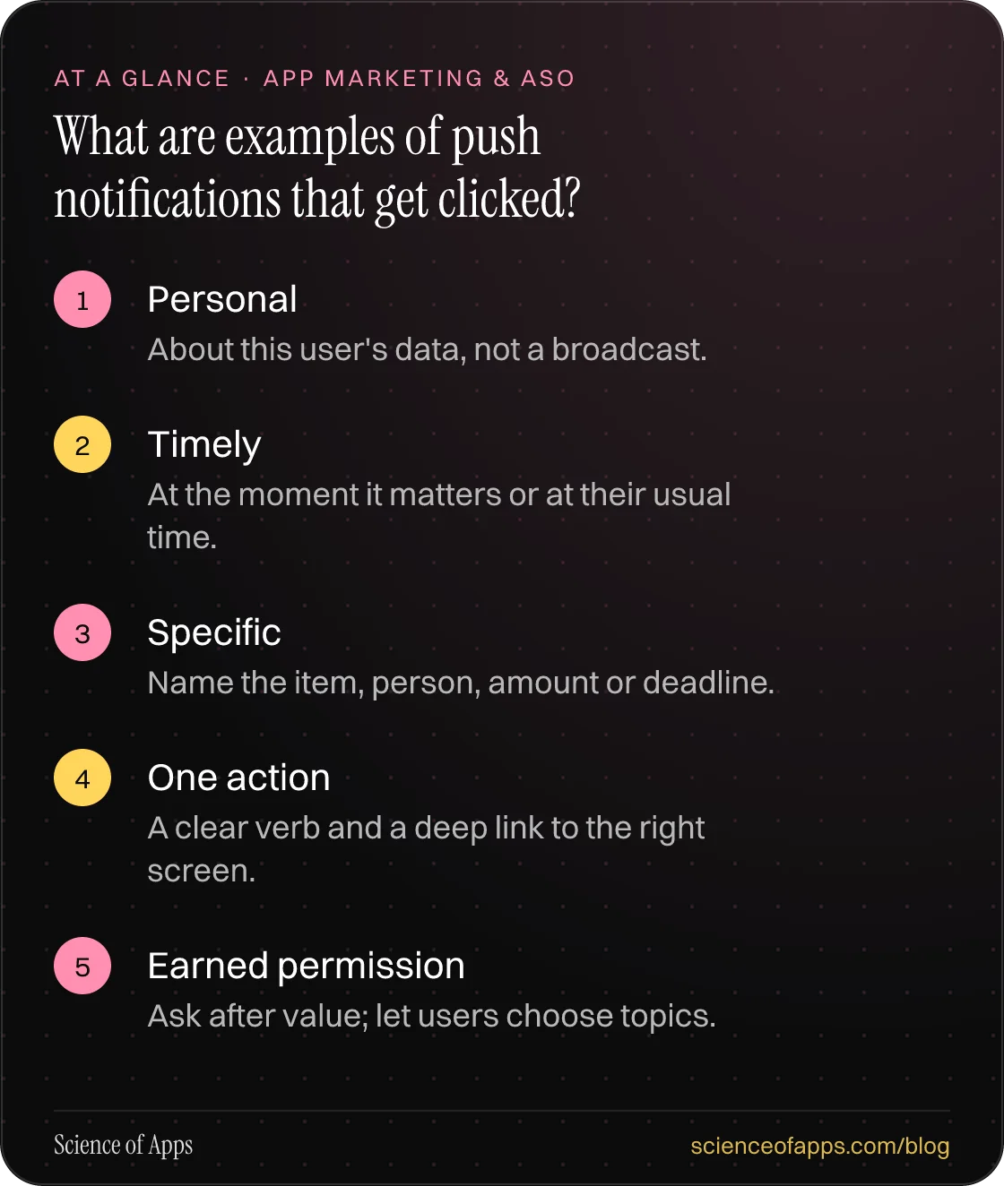 What are examples of push notifications that get clicked? At a glance: Personal; Timely; Specific; One action; Earned permission.