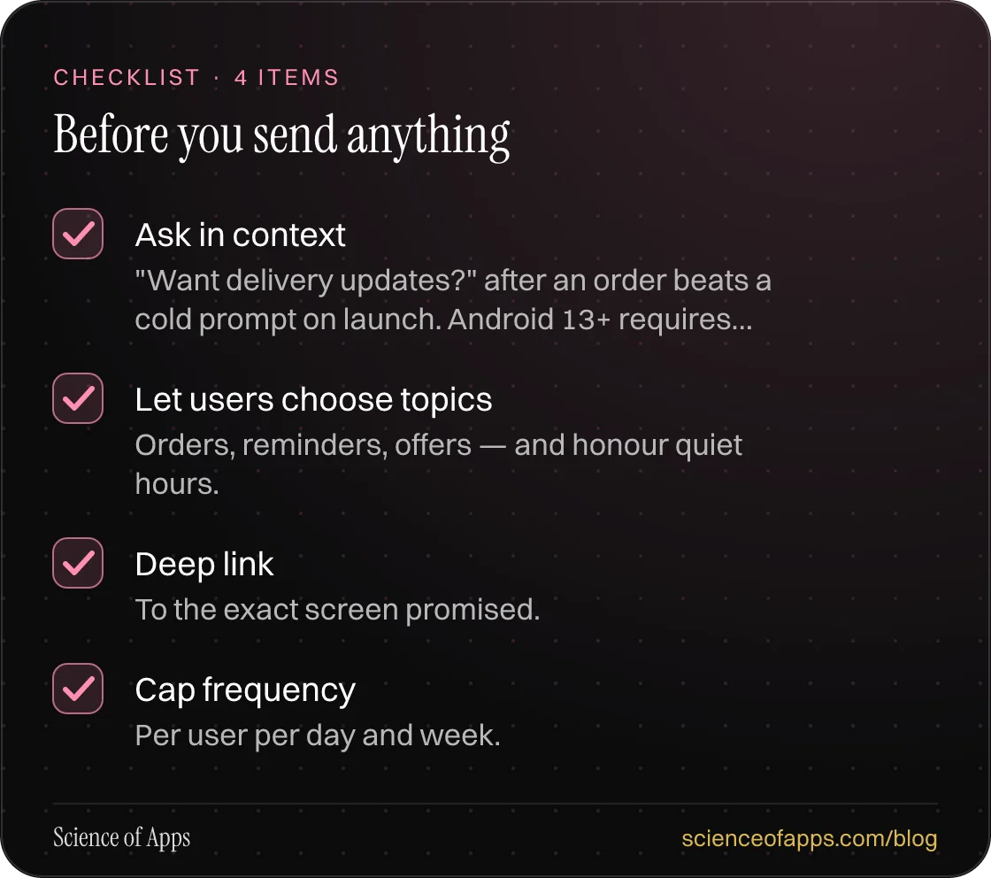 Checklist: Before you send anything — Ask in context; Let users choose topics; Deep link; Cap frequency.