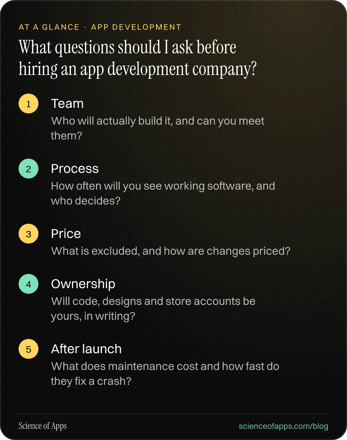 What questions should I ask before hiring an app development company? At a glance: Team; Process; Price; Ownership; After launch.