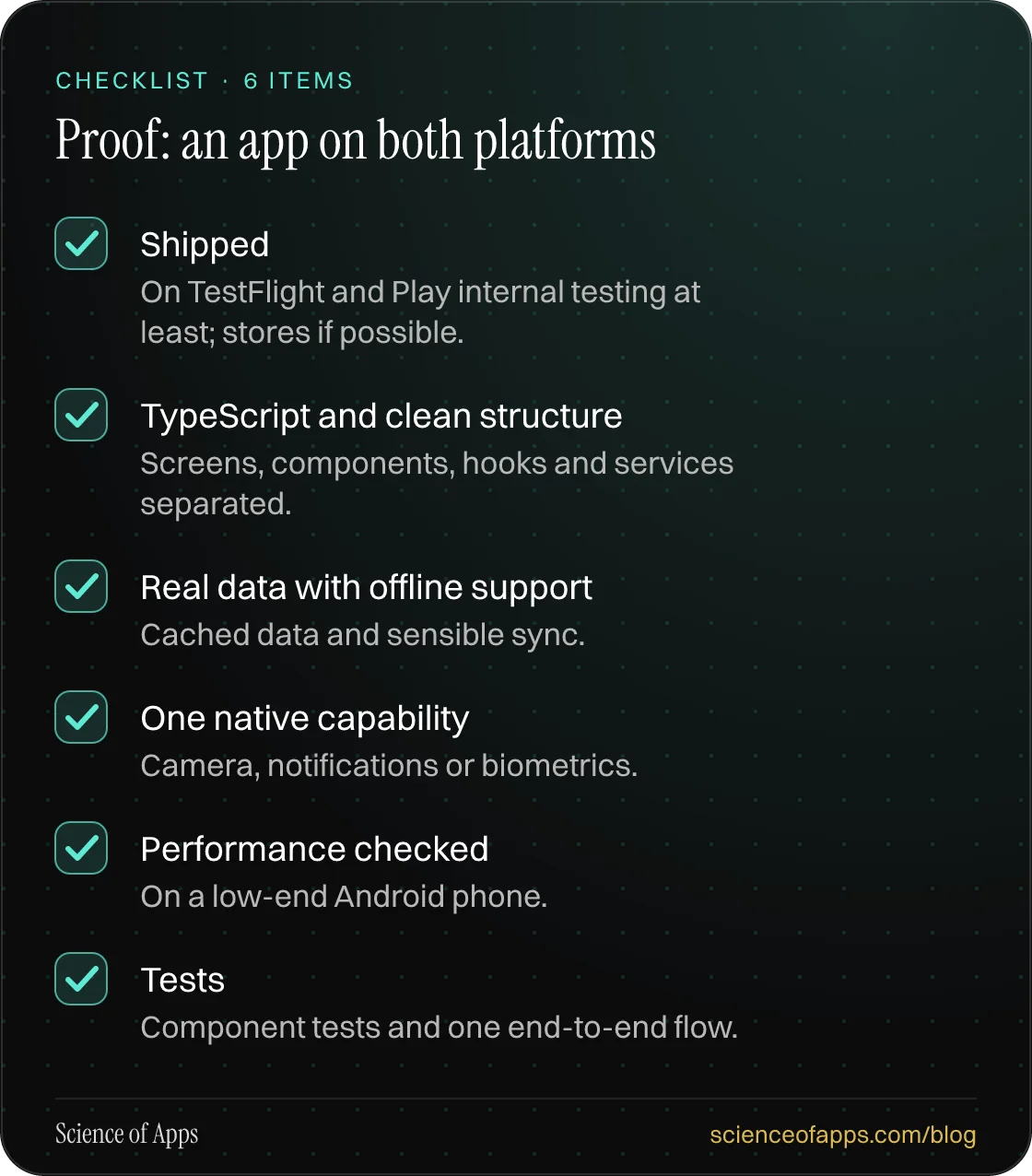 Checklist: Proof: an app on both platforms — Shipped; TypeScript and clean structure; Real data with offline support; One native capability; Performance checked; Tests.