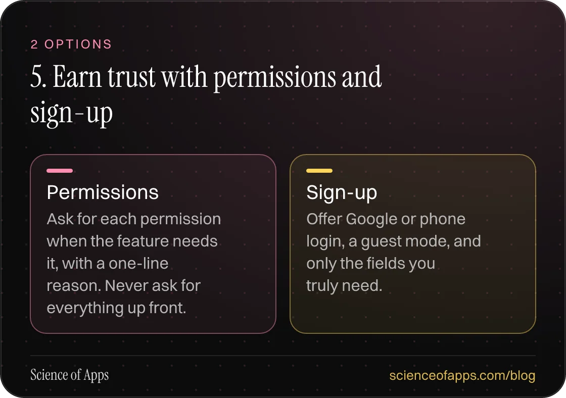 5. Earn trust with permissions and sign-up: Permissions; Sign-up.