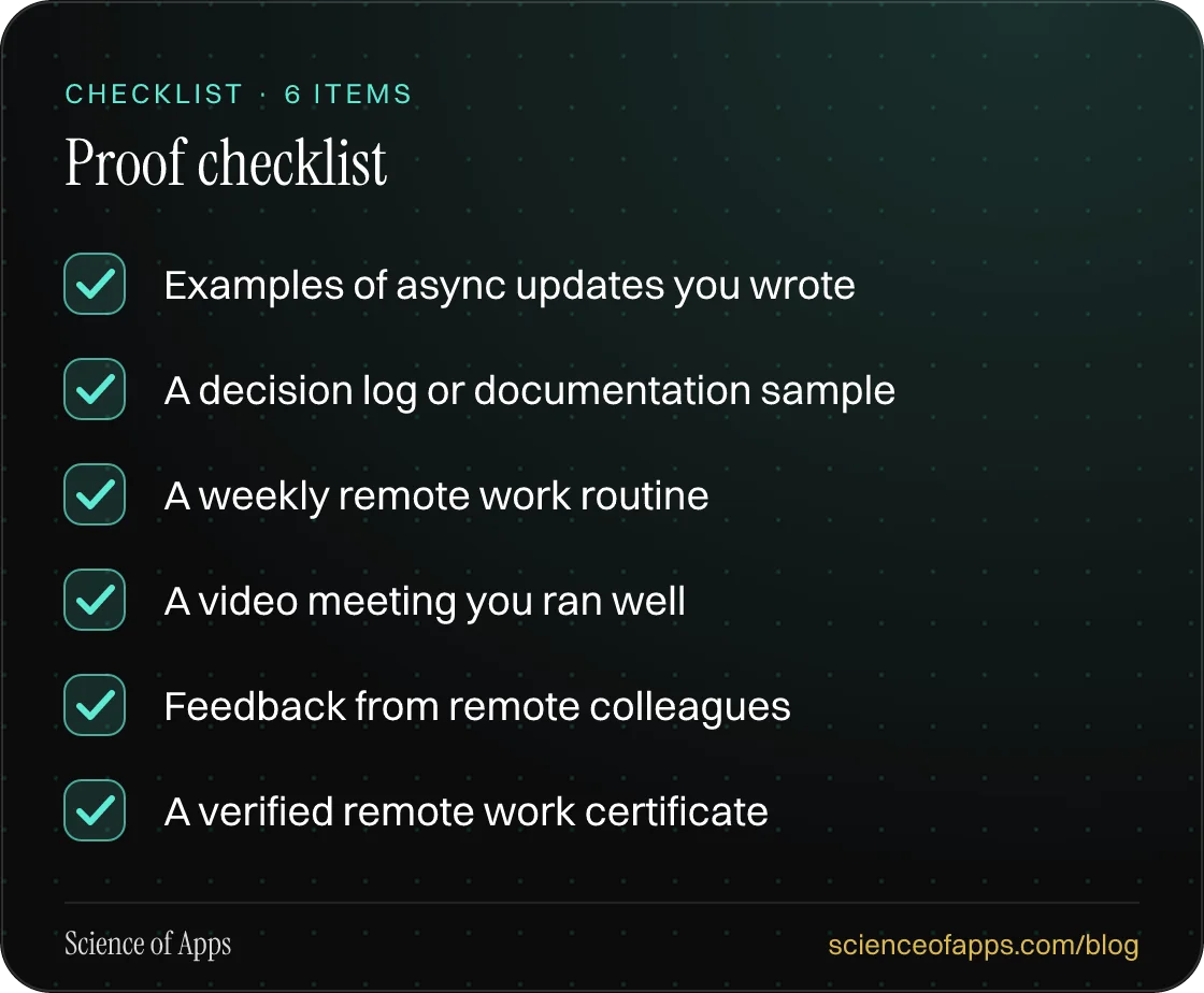 Checklist: Proof checklist — Examples of async updates you wrote; A decision log or documentation sample; A weekly remote work routine; A video meeting you ran well; Feedback from remote colleagues; A verified remote work certificate.