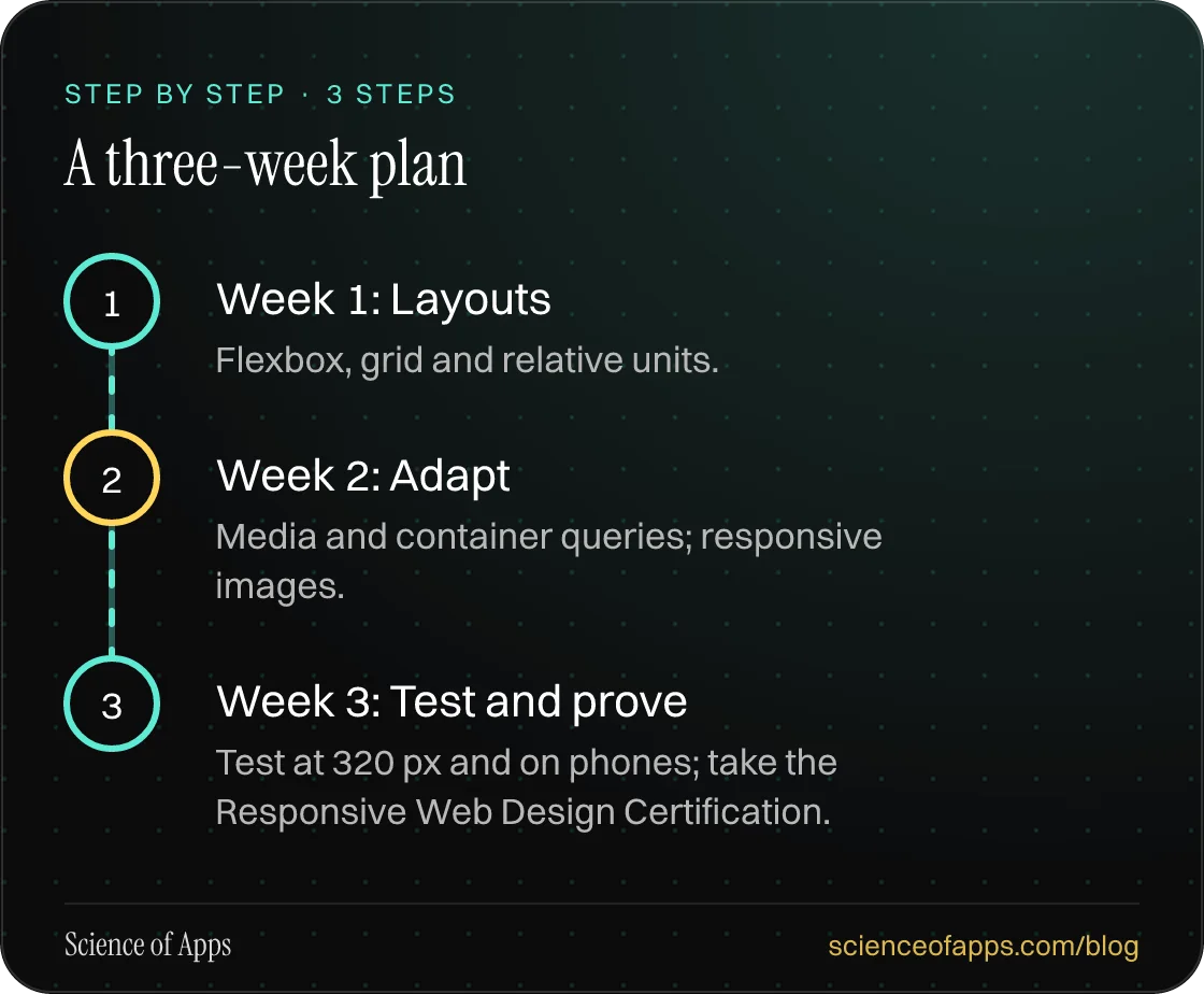 Diagram of 3 steps for a three-week plan: 1. Week 1: Layouts; 2. Week 2: Adapt; 3. Week 3: Test and prove.