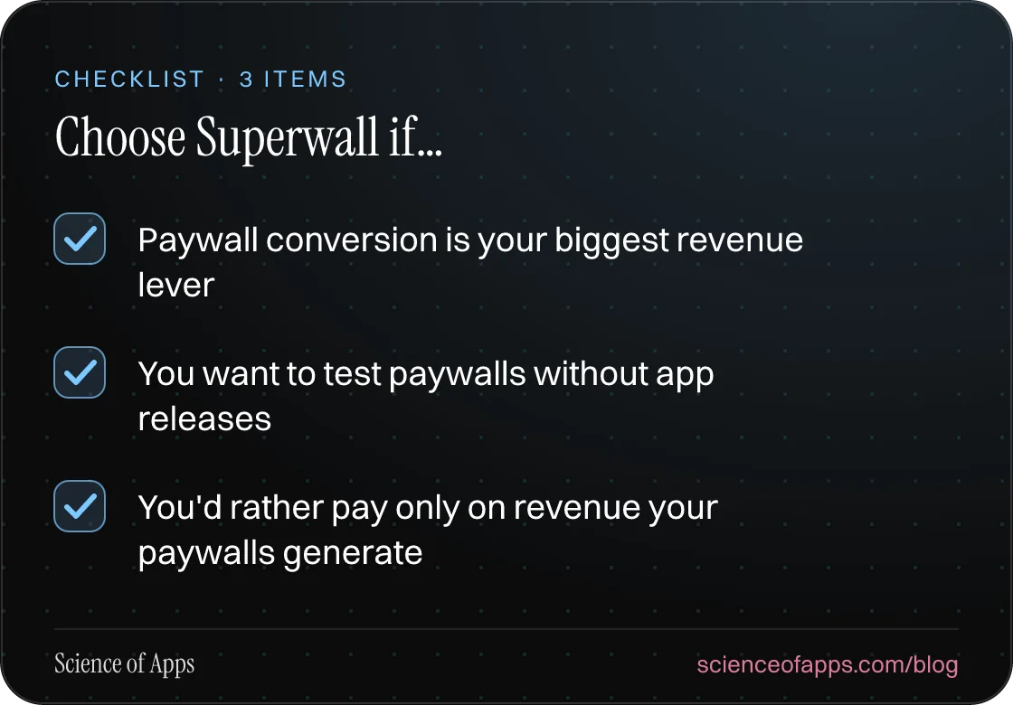 Checklist: Choose Superwall if… — Paywall conversion is your biggest revenue lever; You want to test paywalls without app releases; You'd rather pay only on revenue your paywalls generate.