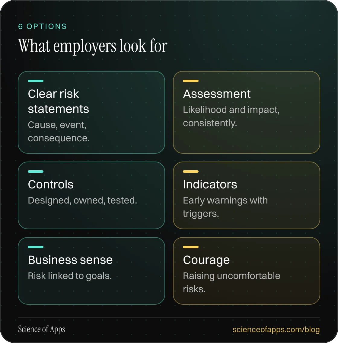 What employers look for: Clear risk statements; Assessment; Controls; Indicators; Business sense; Courage.