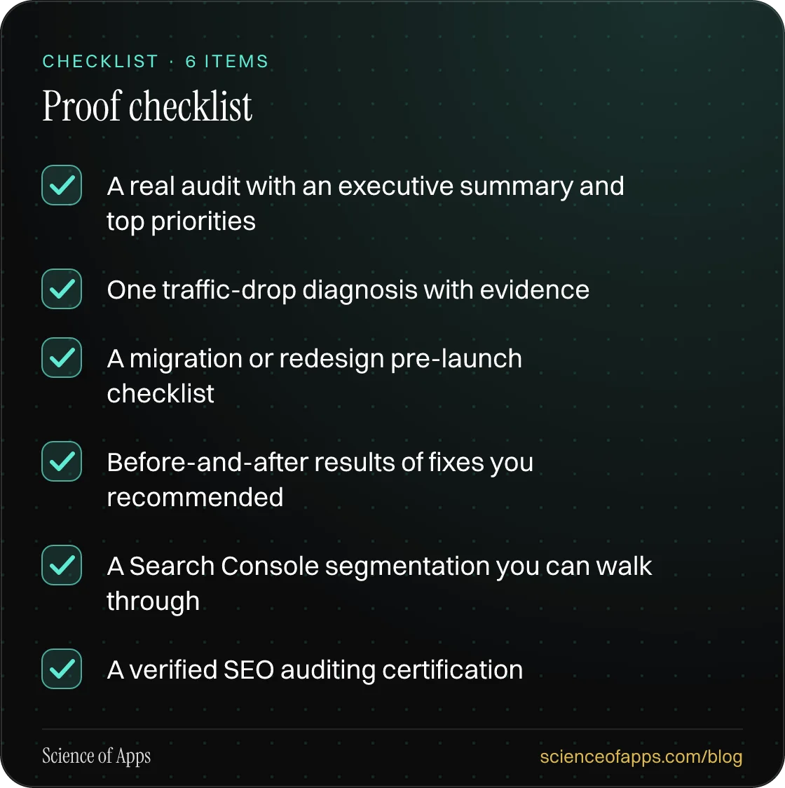Checklist: Proof checklist — A real audit with an executive summary and top priorities; One traffic-drop diagnosis with evidence; A migration or redesign pre-launch checklist; Before-and-after results of fixes you recommended; A Search Console segmentation you can walk through; A verified SEO auditi