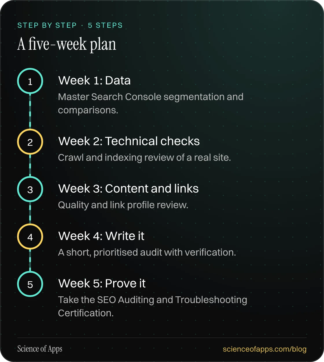 Diagram of 5 steps for a five-week plan: 1. Week 1: Data; 2. Week 2: Technical checks; 3. Week 3: Content and links; 4. Week 4: Write it; 5. Week 5: Prove it.