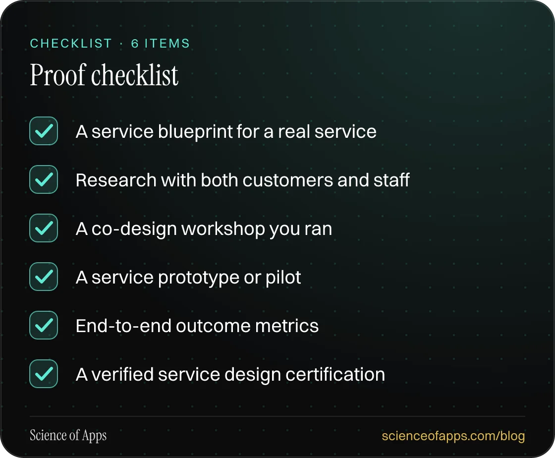 Checklist: Proof checklist — A service blueprint for a real service; Research with both customers and staff; A co-design workshop you ran; A service prototype or pilot; End-to-end outcome metrics; A verified service design certification.