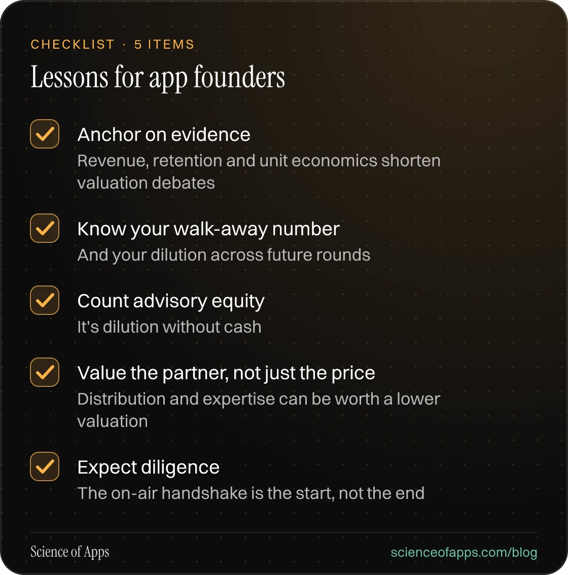 Checklist: Lessons for app founders — Anchor on evidence; Know your walk-away number; Count advisory equity; Value the partner, not just the price; Expect diligence.