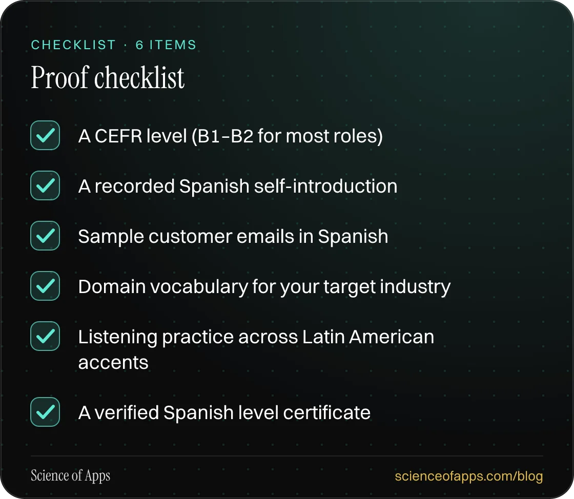 Checklist: Proof checklist — A CEFR level (B1–B2 for most roles); A recorded Spanish self-introduction; Sample customer emails in Spanish; Domain vocabulary for your target industry; Listening practice across Latin American accents; A verified Spanish level certificate.
