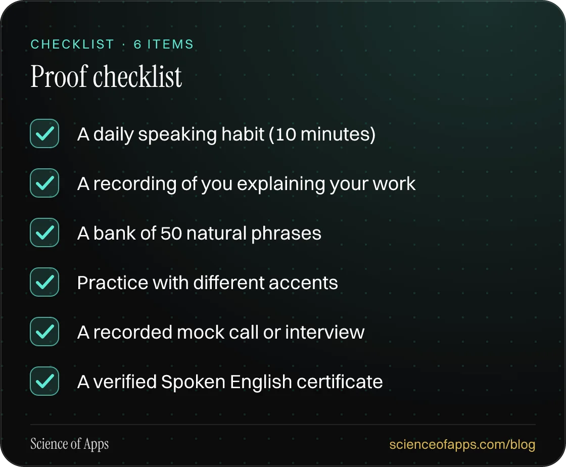 Checklist: Proof checklist — A daily speaking habit (10 minutes); A recording of you explaining your work; A bank of 50 natural phrases; Practice with different accents; A recorded mock call or interview; A verified Spoken English certificate.