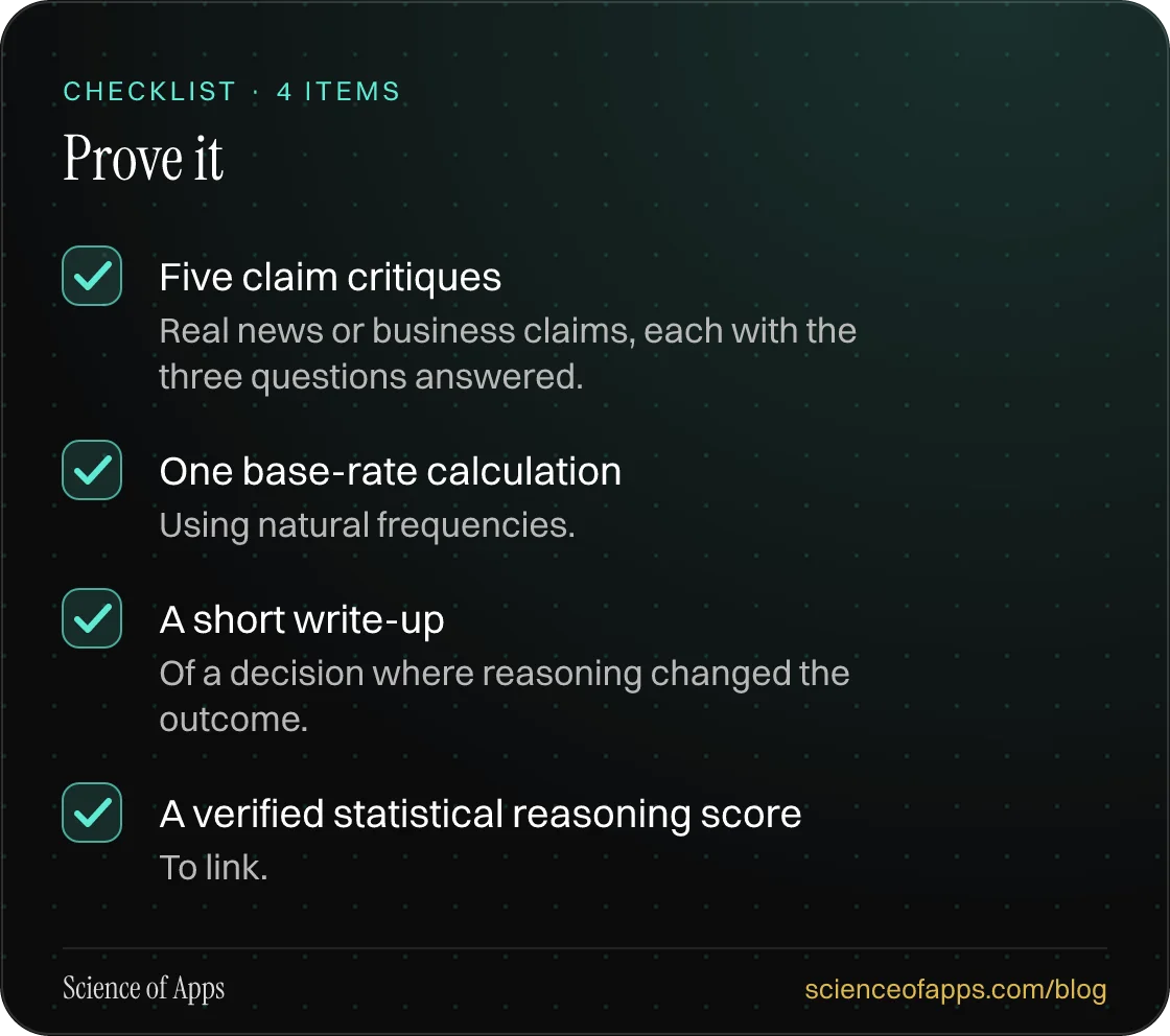 Checklist: Prove it — Five claim critiques; One base-rate calculation; A short write-up; A verified statistical reasoning score.